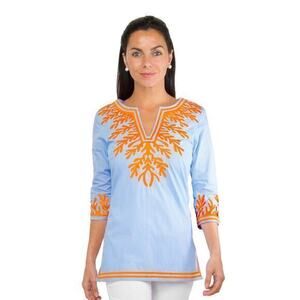Gretchen Scott Embroidered Pinstripe Tunic The Reef in Blue/ Orange Size Small‎